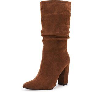 Women's Brown Suede Mid Calf High Slouchy Chunky Heel Block Pointed Toe Boots